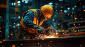 worker-welds-metal-beam-with-safety-gear-and-sparks-in-factory-construction-employee-uses-industrial-tools-manufacturing-process-in-a-warehouse-with-protection-photo